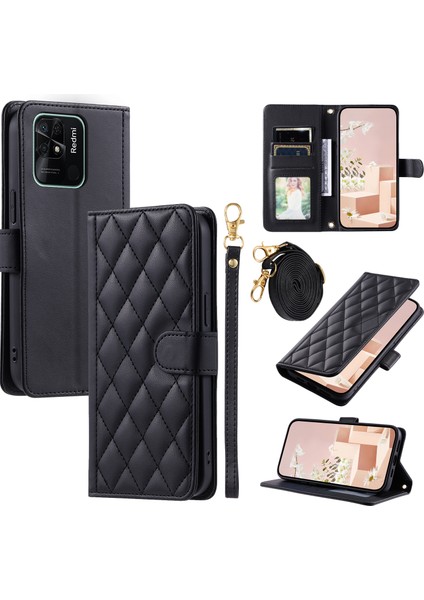 Xiaomi Redmi 10C 4g/redmi 10 (Hindistan) 4g Telefon Kılıfı Eşkenar Dörtgen Izgara Deri Stand Kapağı-Siyah Için (Yurt Dışından)