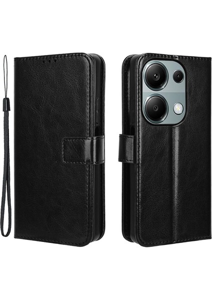 Xiaomi Poco M6 Pro 4g Kılıf Standı Bilek Kayışı Telefon Kapağı Crazy Horse Doku-Siyah (Yurt Dışından)