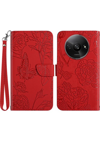 Xiaomi Redmi A3 Kılıf El Kayışı ile Kelebek Çiçek Deri Flip Telefon Kılıfı-Kırmızı (Yurt Dışından)