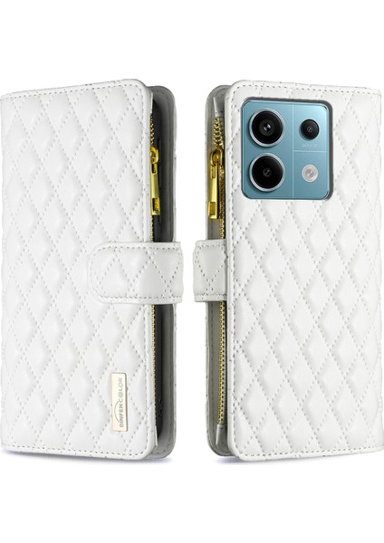 Xiaomi Poco X6 5g Fermuarlı Cep Kılıfı Deri Eşkenar Dörtgen Telefon Kapağı-Beyaz (Yurt Dışından)