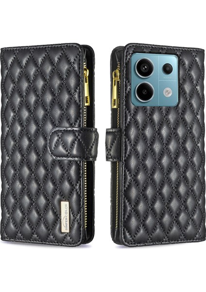 Xiaomi Poco X6 5g Fermuarlı Cep Kılıfı Deri Eşkenar Dörtgen Telefon Kapağı-Siyah (Yurt Dışından)