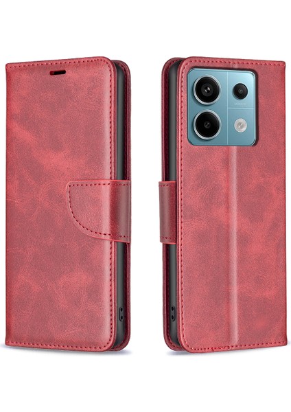 Xiaomi Poco X6 5g Deri Cüzdan Kılıfı Düz ​​renk Standı Telefon Kapağı-Kırmızı (Yurt Dışından)