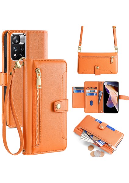Xiaomi Redmi Note 11 Pro Deri Kılıf Fermuarlı Cep Crossbody Telefon Kapağı-Turuncu (Yurt Dışından)