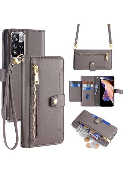 Xiaomi Redmi Note 11 Pro Deri Kılıf Fermuarlı Cep Crossbody Telefon Kapağı-Gri (Yurt Dışından)