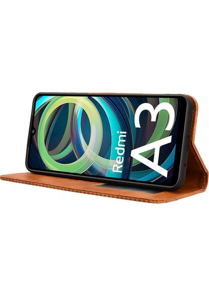 Xiaomi Redmi A3 Vintage Deri Kılıf Folio Flip Cüzdan Telefon Kapağı-Kahverengi (Yurt Dışından) modelleri