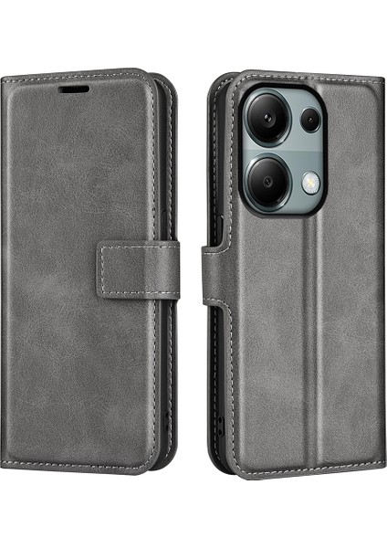 Xiaomi Poco M6 Pro 4g Kapak Manyetik Toka Pu Deri Folio Flip Telefon Cüzdan Kılıfı-Gri (Yurt Dışından)