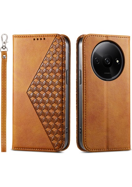 Xiaomi Redmi A3 Kılıf Pu Deri + Tpu Eşkenar Dörtgen Baskılı Telefon Kapağı Cüzdan-Sarı (Yurt Dışından)