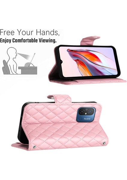 Xiaomi Redmi 12C 4g Cep Telefonu Kılıfları Için Bilek Kayışı ile Eşkenar Dörtgen Baskılı Kapak-Pembe (Yurt Dışından)