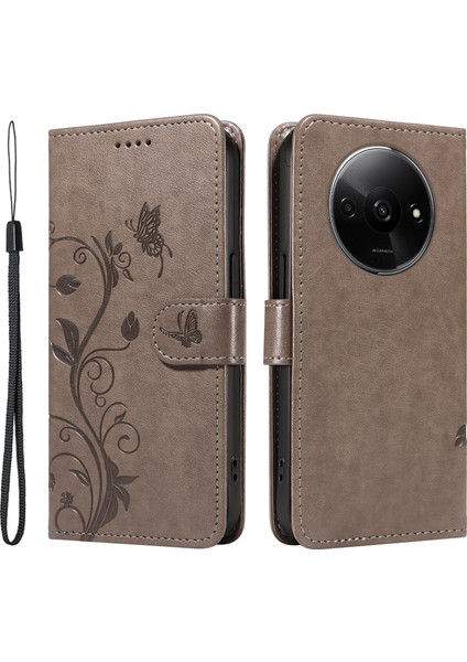 Xiaomi Redmi A3 Deri Kılıf Kelebek Çiçek Desenli Cüzdan Telefon Kapağı-Gri (Yurt Dışından)