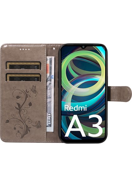 Xiaomi Redmi A3 Deri Kılıf Kelebek Çiçek Desenli Cüzdan Telefon Kapağı-Gri (Yurt Dışından) fiyatları