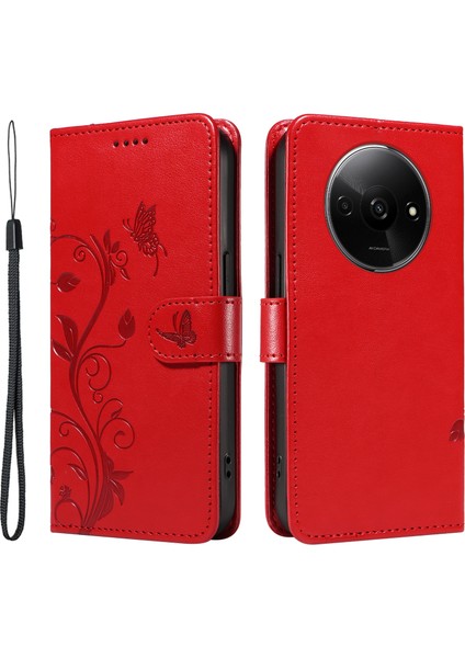 Xiaomi Redmi A3 Deri Kılıf Kelebek Çiçek Desenli Cüzdan Telefon Kapağı-Kırmızı (Yurt Dışından)