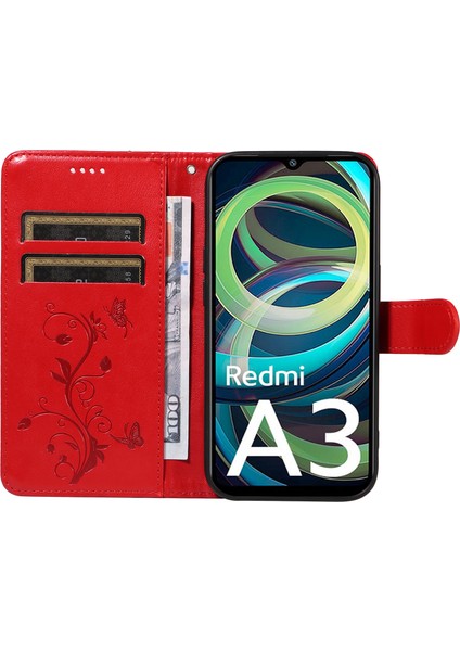 Xiaomi Redmi A3 Deri Kılıf Kelebek Çiçek Desenli Cüzdan Telefon Kapağı-Kırmızı (Yurt Dışından) fiyatları
