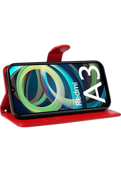 Xiaomi Redmi A3 Deri Kılıf Kelebek Çiçek Desenli Cüzdan Telefon Kapağı-Kırmızı (Yurt Dışından) modelleri