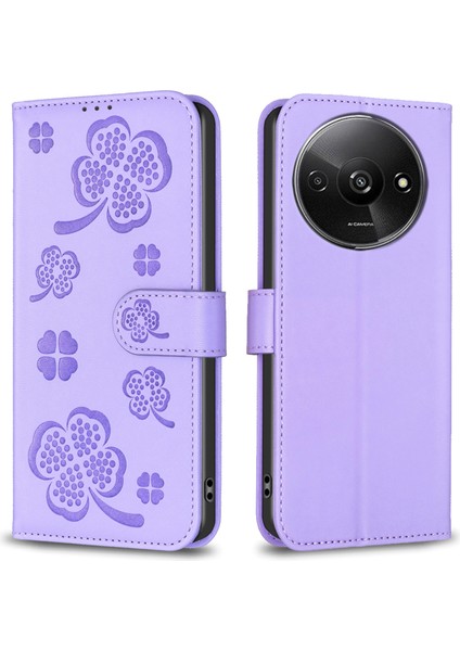 Xiaomi Redmi A3 Kılıf Şanslı Yonca Deri Flip Telefon Kapağı-Mor (Yurt Dışından)