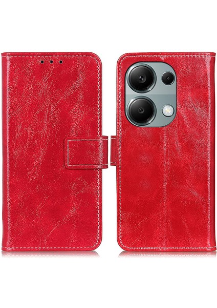 Xiaomi Poco M6 Pro 4g Cüzdan Telefon Kılıfı Retro Crazy Horse Doku Pu Deri Kapak-Kırmızı (Yurt Dışından)