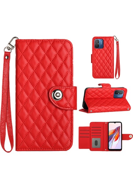 Xiaomi Redmi 12C 4g Cep Telefonu Kılıfları Için Bilek Kayışlı Eşkenar Dörtgen Baskılı Kapak-Kırmızı (Yurt Dışından)