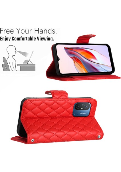 Xiaomi Redmi 12C 4g Cep Telefonu Kılıfları Için Bilek Kayışlı Eşkenar Dörtgen Baskılı Kapak-Kırmızı (Yurt Dışından)