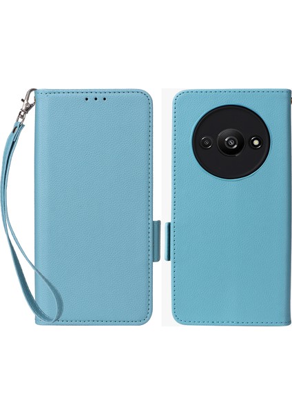 Xiaomi Redmi A3 Kılıf El Askılı Litchi Dokulu Deri Cüzdan Telefon Kılıfı-Bebek Mavisi (Yurt Dışından)