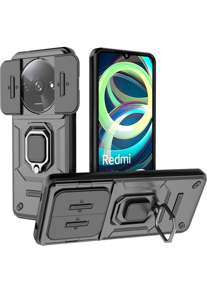 Xiaomi Redmi A3 Kılıf Için Slayt Kamera Kapak Halkası Kickstand Pc + Tpu Telefon Kabuk Koruyucu-Siyah (Yurt Dışından)
