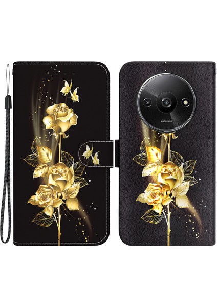 Xiaomi Redmi Için A3 Manyetik Kılıf Cüzdan Tasarım Desen Baskı Telefon Kapağı-Altın Kelebek Gül (Yurt Dışından)