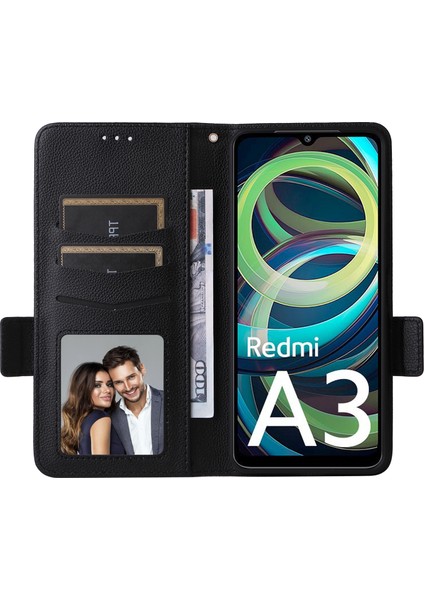 Xiaomi Redmi A3 Kılıf El Kayışı Litchi Doku Deri Cüzdan Telefon Kapağı-Siyah (Yurt Dışından) fiyatları