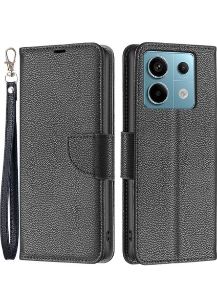 Xiaomi Poco M6 Pro 4g Cüzdan Telefon Kılıfı Için Litchi Doku Düz Renk Kapak-Siyah (Yurt Dışından)