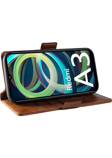 Xiaomi Redmi A3 Cüzdan Kılıf Pu Deri + Tpu Iç Koruyucu Telefon Kapağı-Kahverengi (Yurt Dışından) modelleri