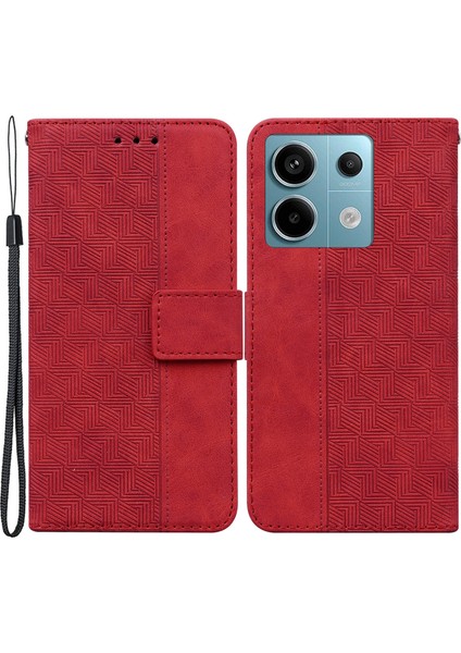 Xiaomi Poco X6 5g Deri Flip Telefon Kılıfı Cüzdan Kapak Geometri Desen-Kırmızı (Yurt Dışından)