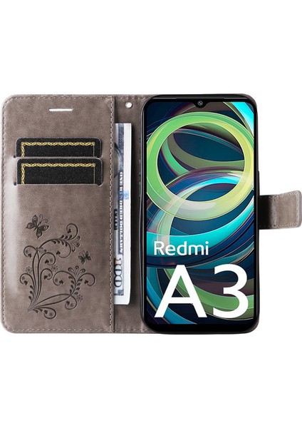Xiaomi Redmi A3 Kılıf Kart Tutucu Bilek Kayışı Deri Telefon Kapağı-Gri (Yurt Dışından) fiyatları