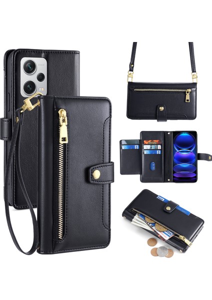 Xiaomi Redmi Note 12 Pro+ 5g Telefon Kılıfı Fermuarlı Cep Çevirme Standı Kapak-Siyah (Yurt Dışından)