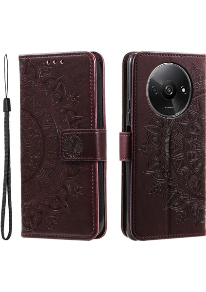 Xiaomi Redmi Için A3 Kılıf Mandala Çiçek Baskılı Damla Dayanıklı Deri Telefon Cüzdan Kapağı-Kahverengi (Yurt Dışından)
