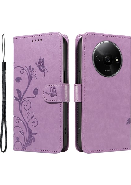 Xiaomi Redmi A3 Deri Kılıf Kelebek Çiçek Desenli Cüzdan Telefon Kapağı-Mor (Yurt Dışından)