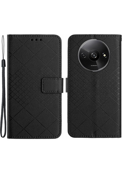 Xiaomi Redmi A3 Kılıf Eşkenar Dörtgen Desenli Pu Deri Folyo Telefon Kapağı-Siyah (Yurt Dışından)