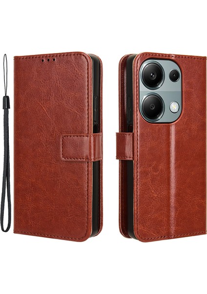 Xiaomi Poco M6 Pro 4g Kılıf Standı Bilek Kayışı Telefon Kapağı Crazy Horse Doku-Kahverengi (Yurt Dışından)