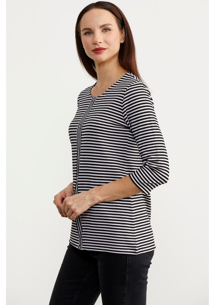 Çizgili Uzun Kol Patlı T-Shirt - Siyah modelleri
