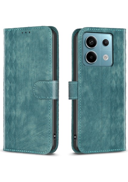 Xiaomi Poco M6 Pro 4g Deri Kılıf Tpu Iç Kabuk Izgara Desenli Flip Telefon Kapağı Için-Yeşil (Yurt Dışından)