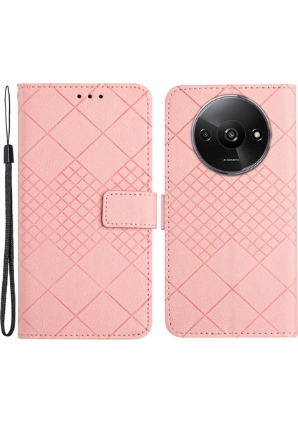 Xiaomi Redmi A3 Kılıf Eşkenar Dörtgen Desenli Pu Deri Folyo Telefon Kapağı-Pembe (Yurt Dışından)