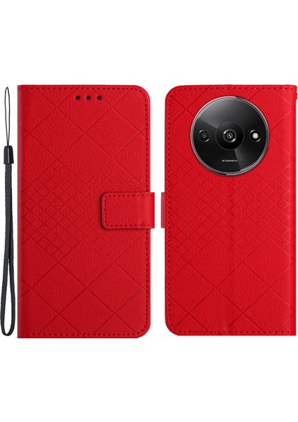 Xiaomi Redmi A3 Kılıf Eşkenar Dörtgen Desenli Pu Deri Folyo Telefon Kapağı-Kırmızı (Yurt Dışından)