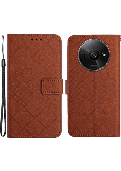 Xiaomi Redmi A3 Kılıf Eşkenar Dörtgen Desenli Pu Deri Folyo Telefon Kapağı-Kahverengi (Yurt Dışından)
