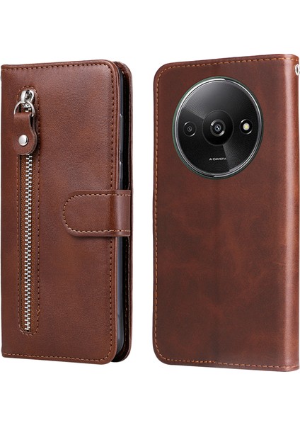 Xiaomi Redmi A3 Manyetik Kılıf Fermuarlı Cep Telefonu Kılıfı Buzağı Dokulu-Kahverengi Için (Yurt Dışından)