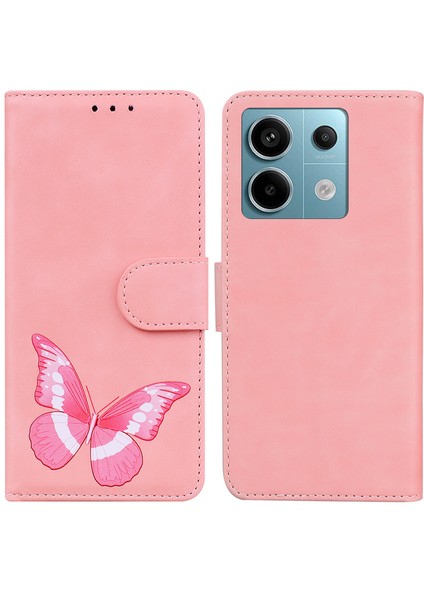 Xiaomi Poco X6 5g Kılıf Kelebek Desenli Deri Cüzdan Kapağı-Pembe (Yurt Dışından)