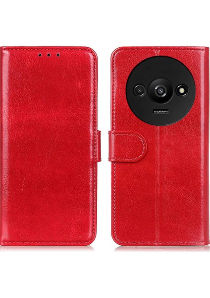 Xiaomi Redmi A3 Kılıf Crazy Horse Doku Yatay Çevirme Deri Telefon Kapağı-Kırmızı (Yurt Dışından)