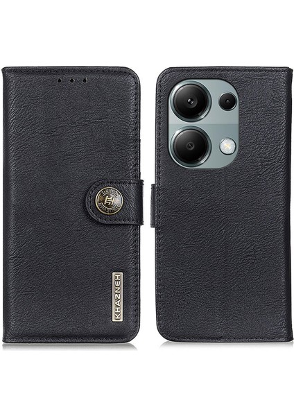 Xiaomi Poco M6 Pro 4g Cüzdan Kılıf Sığır Derisi Doku Deri Telefon Kapağı-Siyah (Yurt Dışından)