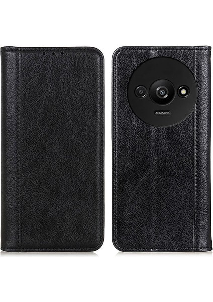Xiaomi Redmi A3 Kılıf Bölünmüş Deri Manyetik Otomatik Kapanan Cüzdan Telefon Kapağı-Siyah (Yurt Dışından)