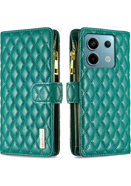 Xiaomi Poco X6 5g Fermuarlı Cep Kılıfı Deri Eşkenar Dörtgen Telefon Kapağı-Yeşil (Yurt Dışından)