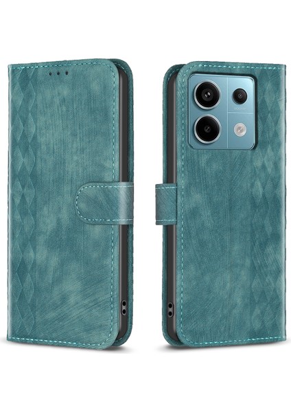 Xiaomi Poco X6 5g Deri Kılıf Izgara Desenli Folyo Cüzdan Telefon Kapağı-Yeşil (Yurt Dışından)