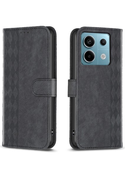 Xiaomi Poco X6 5g Deri Kılıf Izgara Desenli Folyo Cüzdan Telefon Kapağı-Siyah (Yurt Dışından)