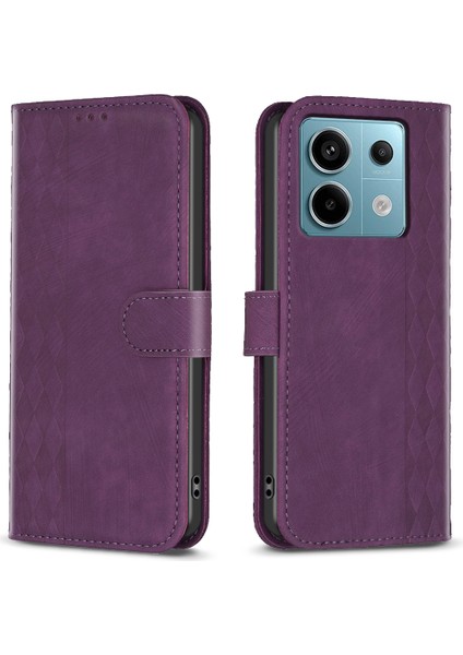 Xiaomi Poco X6 5g Deri Kılıf Izgara Desenli Folyo Cüzdan Telefon Kapağı-Mor (Yurt Dışından)