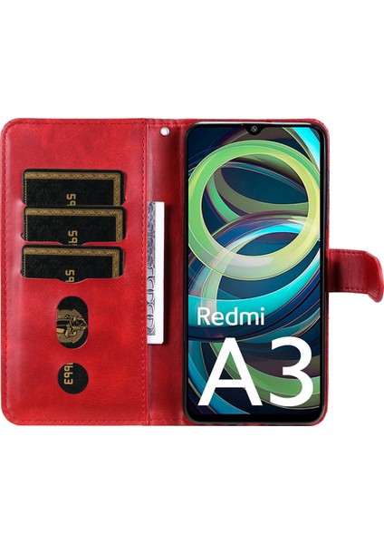 Xiaomi Redmi A3 Manyetik Kılıf Fermuarlı Cep Telefonu Kılıfı Buzağı Dokulu-Kırmızı (Yurt Dışından)