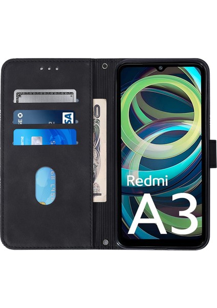 Xiaomi Redmi A3 Kılıf Pu Deri Omuz Askısı Çizgi Desenli Telefon Kapağı-Siyah (Yurt Dışından)